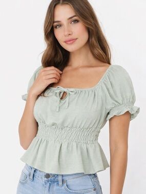 No Comment Sage Green Smocked Peplum Top M